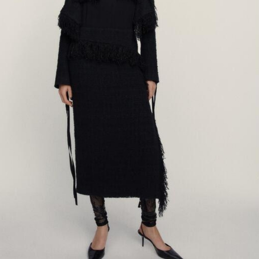 NWT Zara Limited Edition Textured Fringe Tweed Bouclé Midi Skirt, Size M